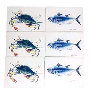Coastal Crab Fish Art Prints Note Cards Stationary Set Of 6 Blue Green Beach